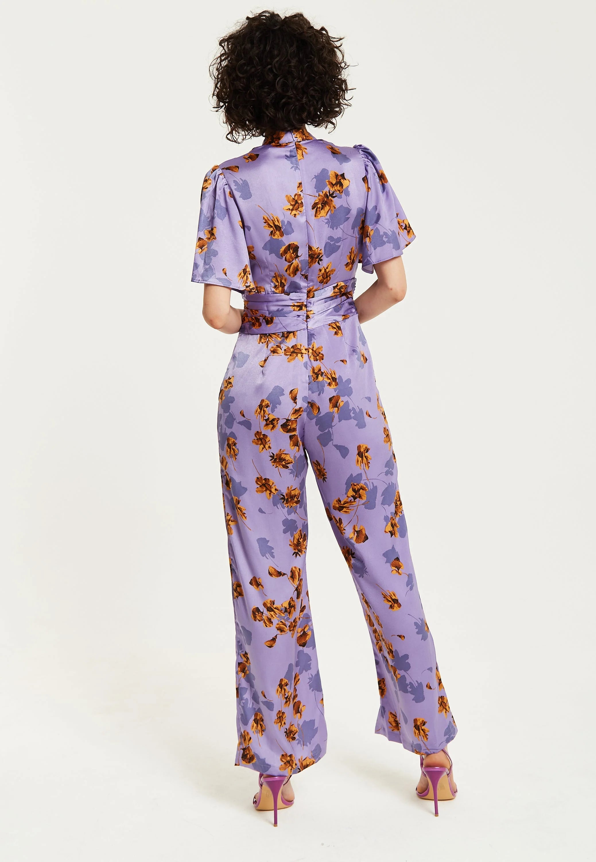 Liquorish Purple Floral Wide Leg Jumpsuit With Angel Sleeves