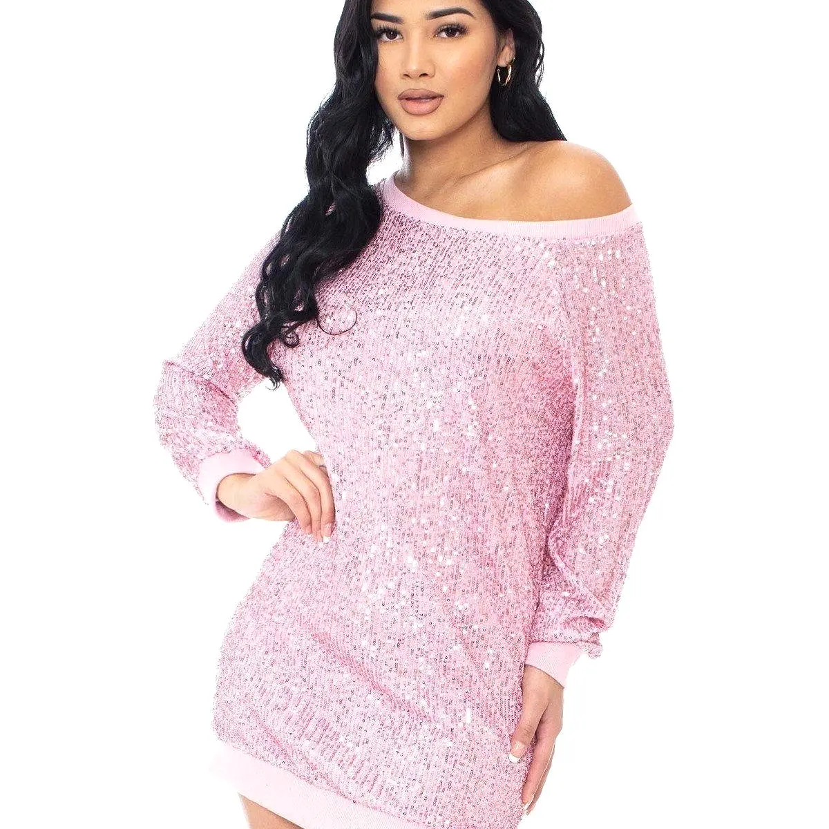 Long sleeve sequin wide neck boxy mini dress