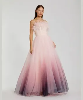 Mac Duggal Strapless Feather Bodice Tulle Wedding Guest Maxi Gown