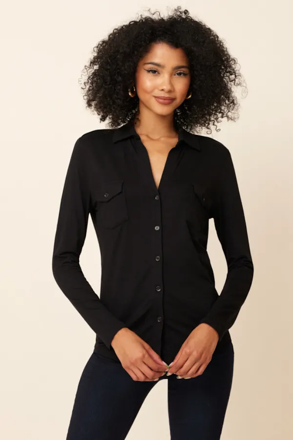 Majestic Soft Touch Long Sleeve Button front Pocket Shirt in Noir/black