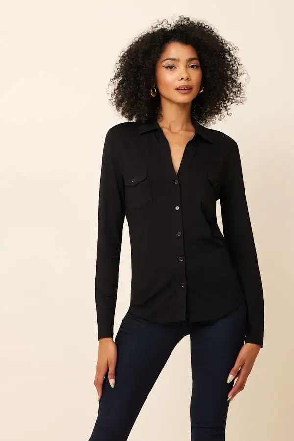 Majestic Soft Touch Long Sleeve Button front Pocket Shirt in Noir/black