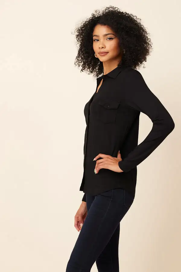 Majestic Soft Touch Long Sleeve Button front Pocket Shirt in Noir/black