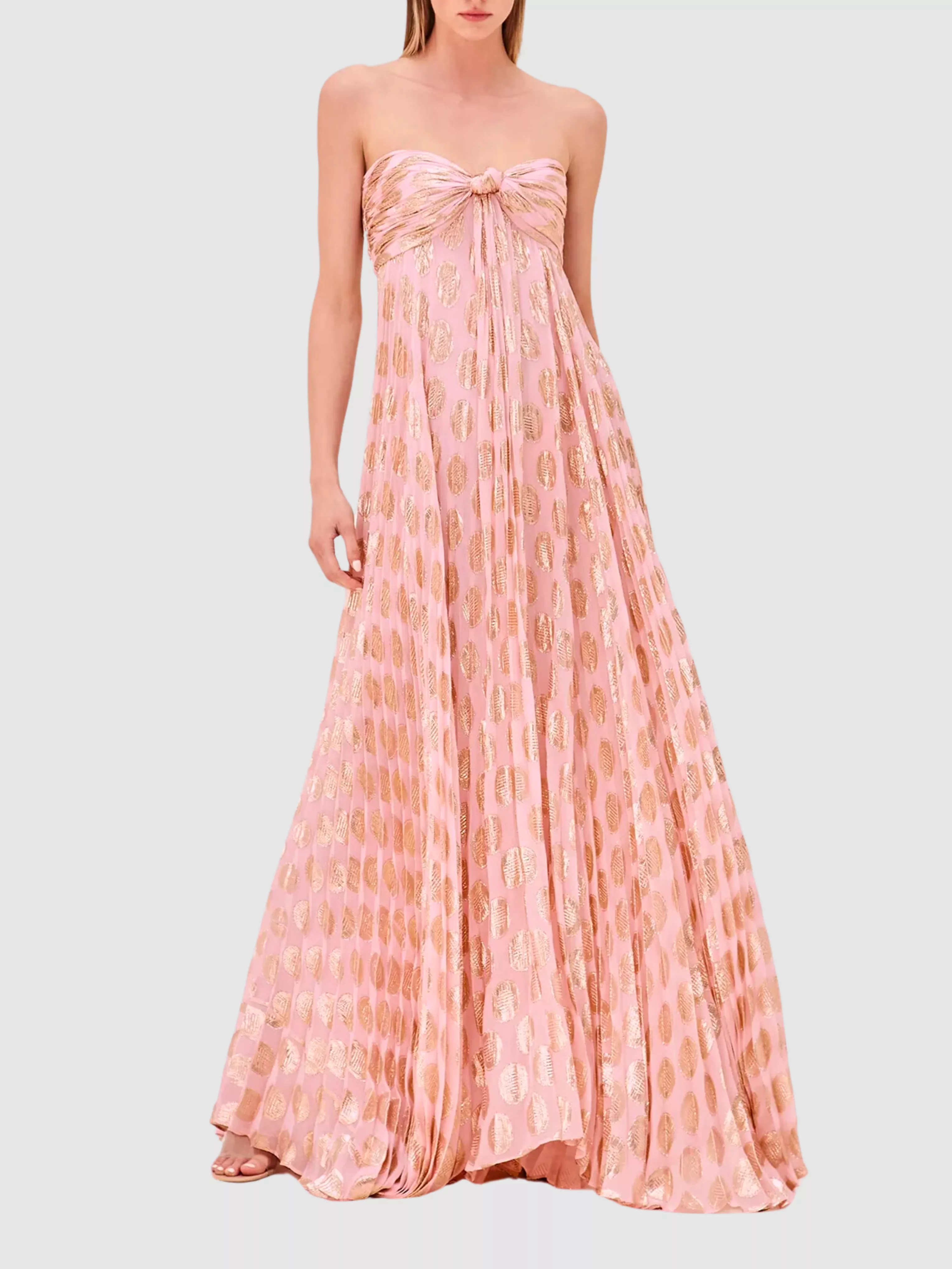 Maryana Strapless Pleated Metallic Maxi Dress