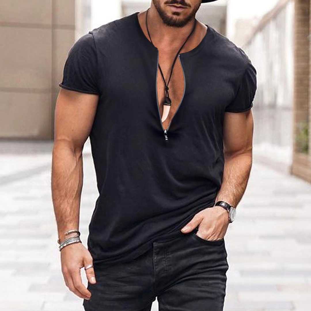 Men's V-neck Zipper Solid Color Breathable T-Shirt Casual Retro Outdoor Motorcycle Top