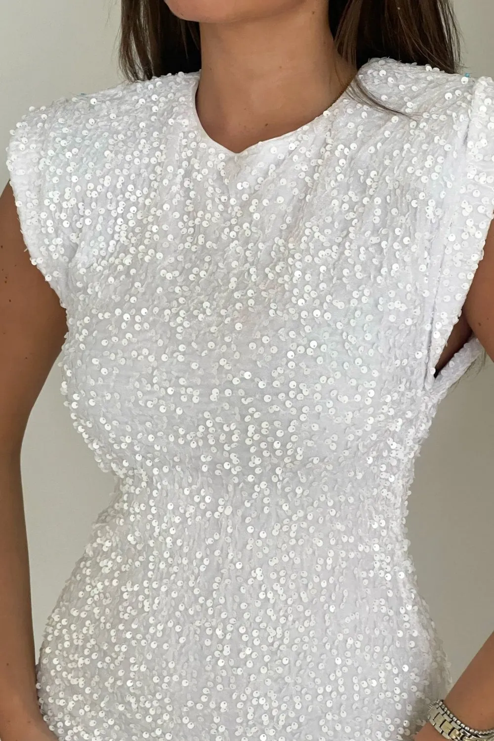 Mesa White Sequin Shoulder Pad Mini Dress