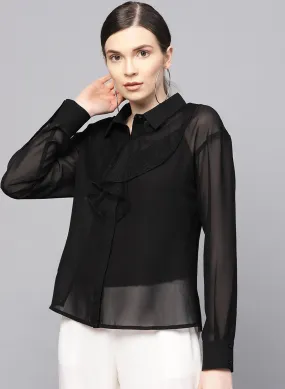 Mesh Overlay Ruffle Shirt