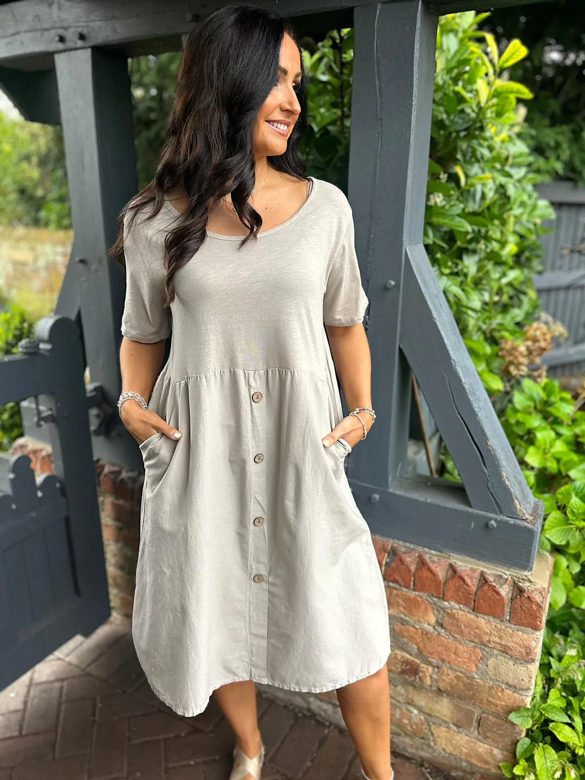 Mocha Double Pocket Button Dress Mabel