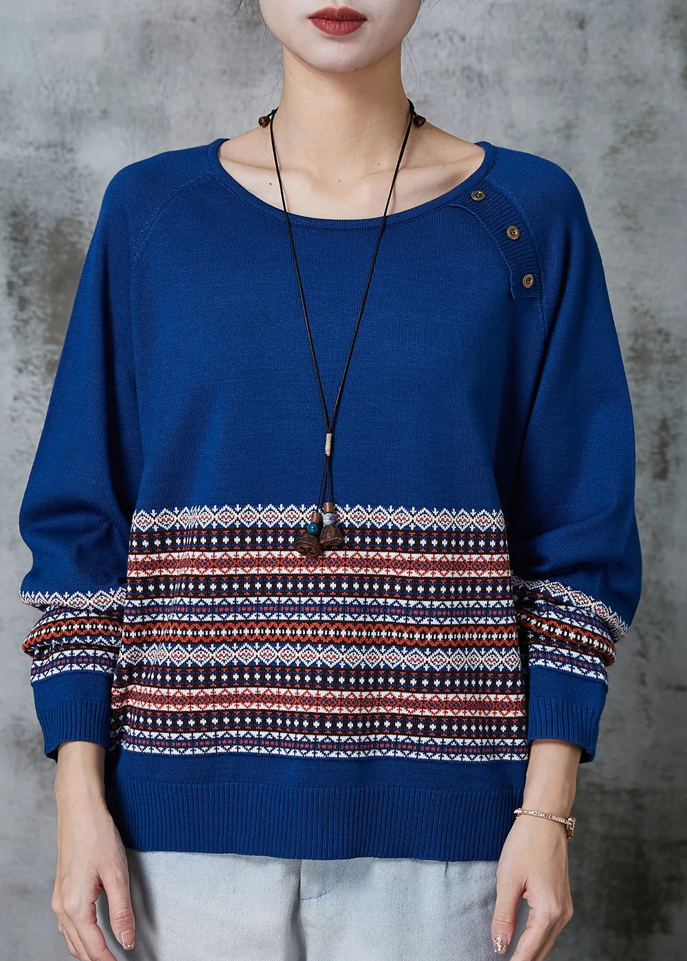 Modern Blue Oversized Striped Knit Sweater Tops Spring