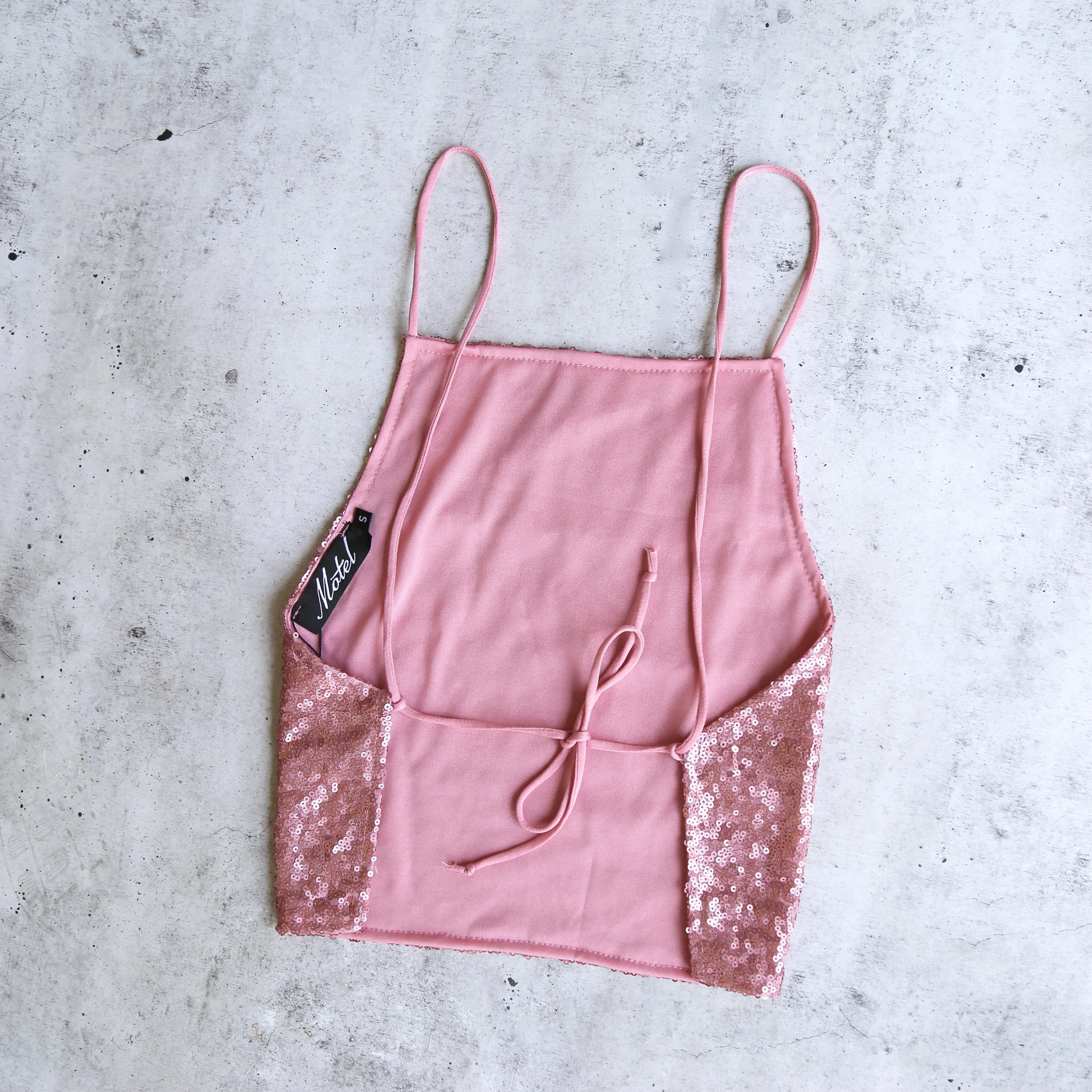 Motel - Backless Mini Sequin Top in Sugar Pink