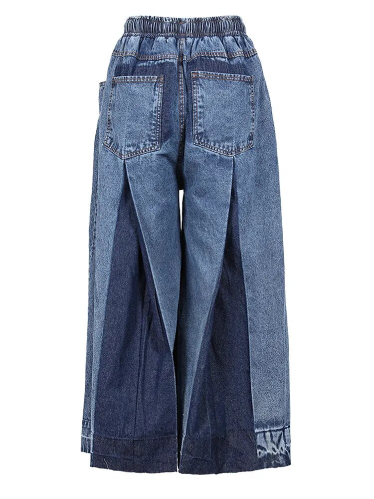 Navy Blue Denim Color-block Wide Leg Jeans Trousers