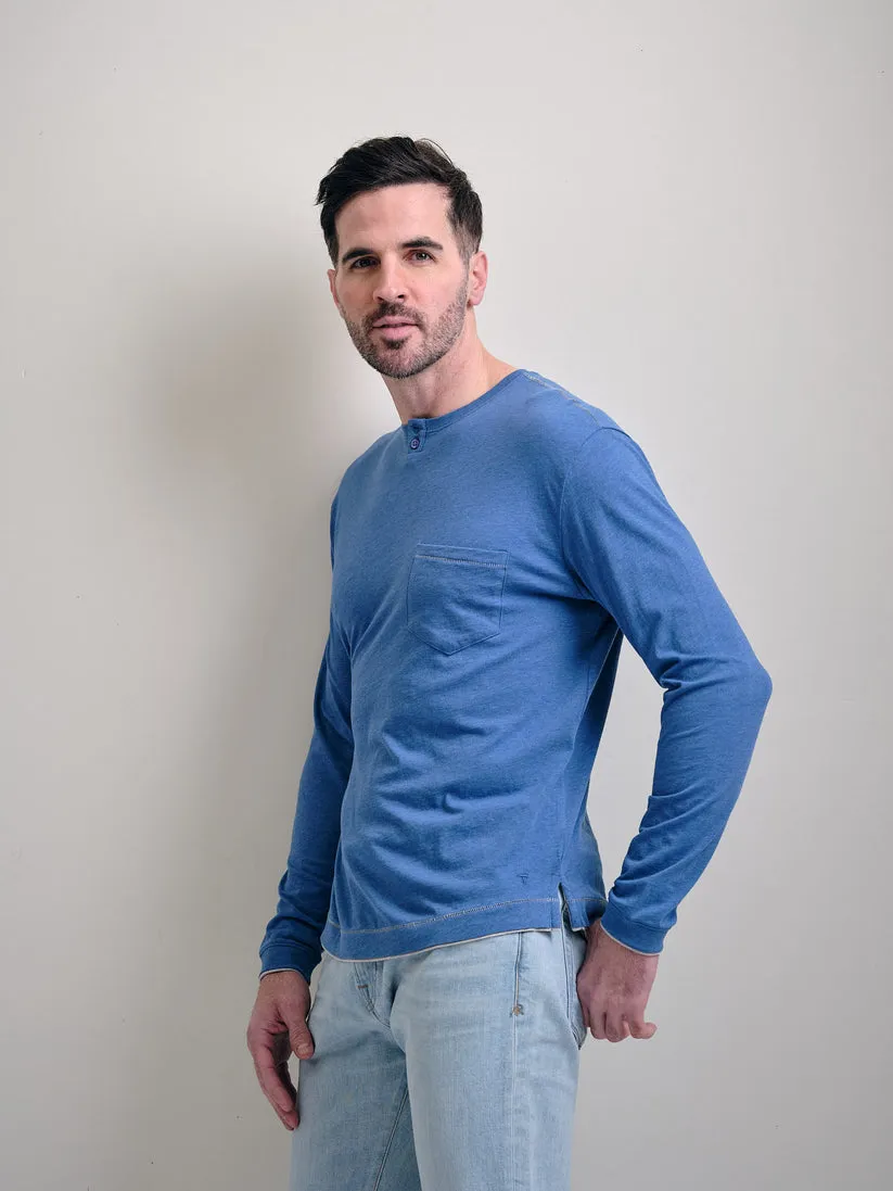 Palmdale Long Sleeve 2-Button Crew Peruvian Cotton Tee Shirt with Pocket in Bright Blue Mélange by Left Coast Tee