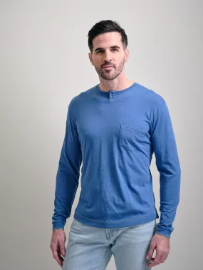 Palmdale Long Sleeve 2-Button Crew Peruvian Cotton Tee Shirt with Pocket in Bright Blue Mélange by Left Coast Tee