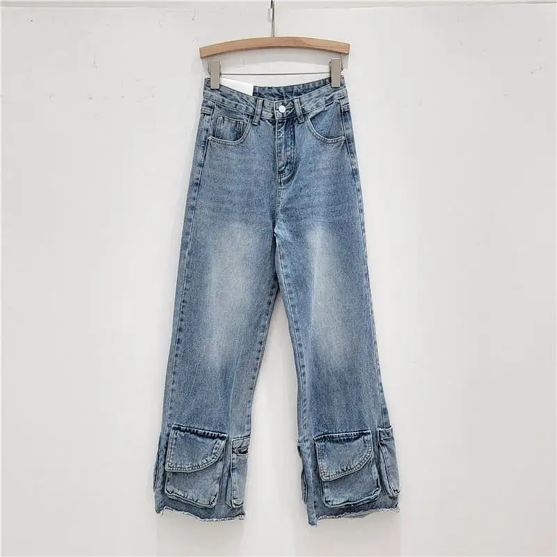 Patchwork Pocket High Waist Spliced Button Loose Jeans