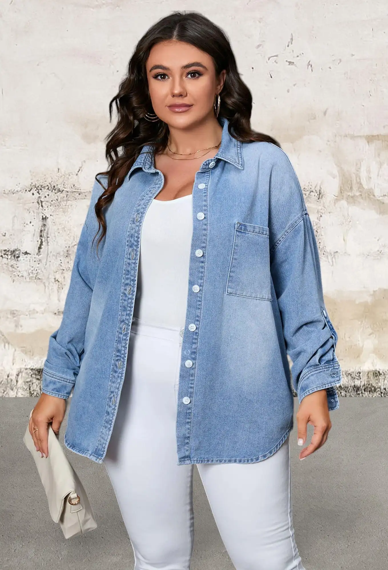 Plus Size Sky Blue Chest Pocket Button-Up Denim Shacket