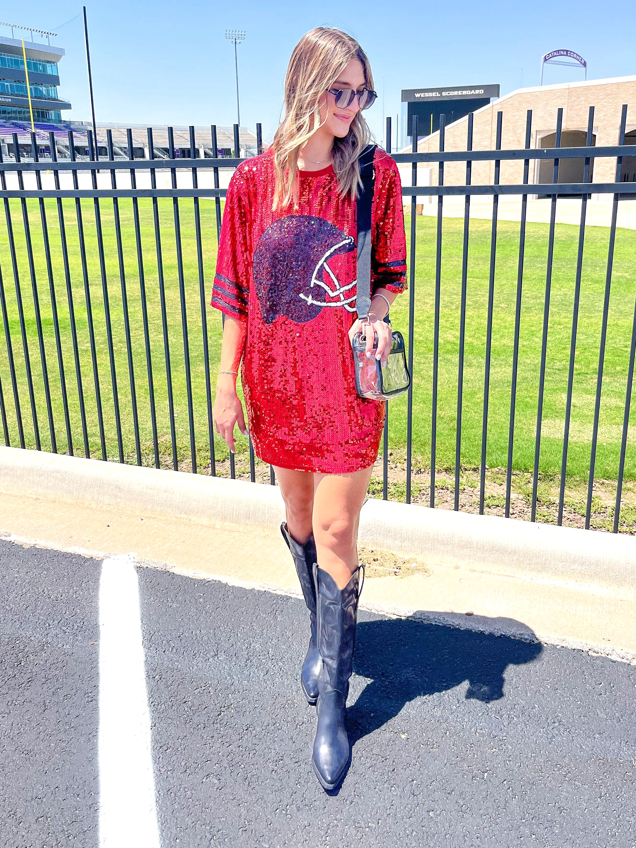 SEQUIN FOOTBALL HELMET MINI DRESS - RED/BLACK