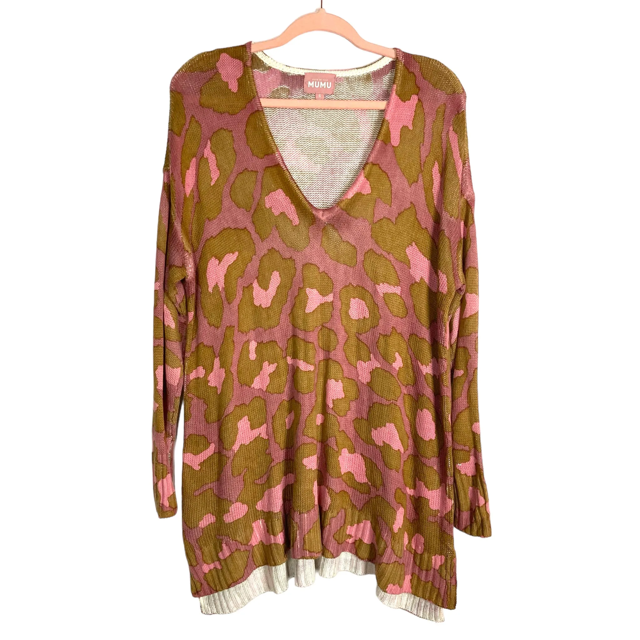 Show Me Your Mumu Rose Leopard Print Open Knit V-Neck Tunic Sweater- Size S (sold out online)