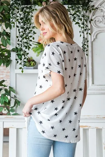 Star Print Short Sleeve V-Neck Waffle Knit T-Shirt