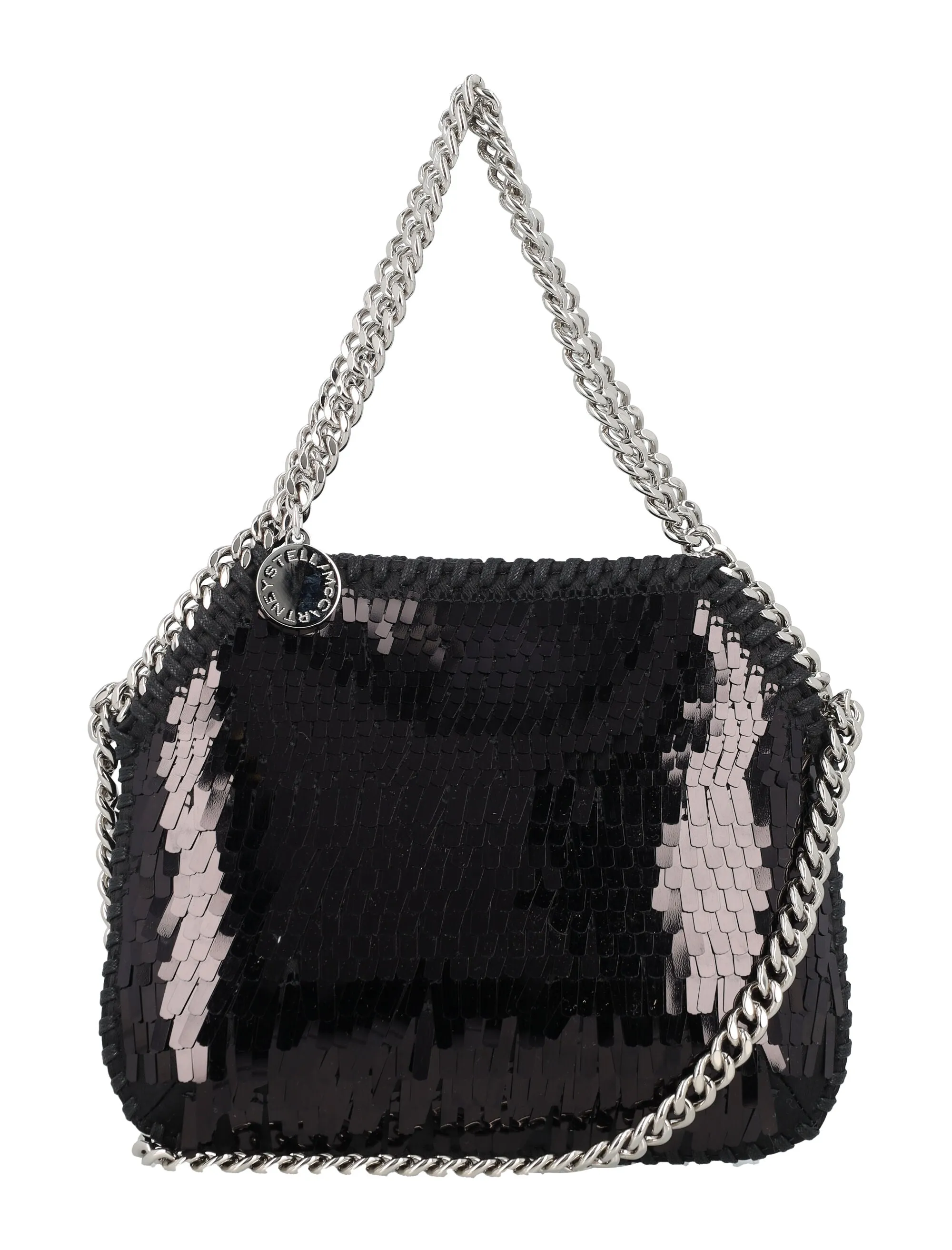 STELLA MCCARTNEY Sequin Mini Shoulder Bag with Satin Overlay and Signature Gold Chain - Black