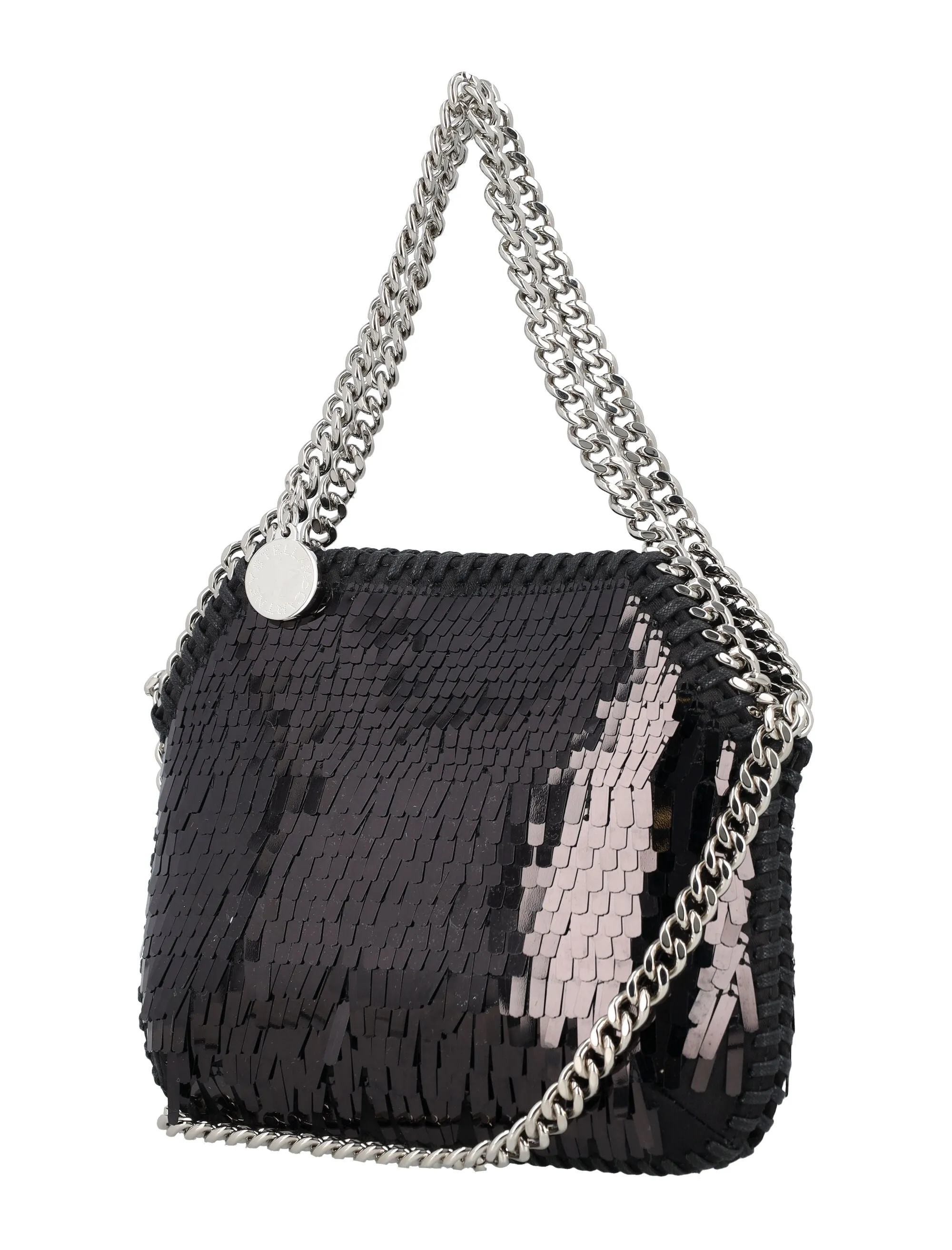 STELLA MCCARTNEY Sequin Mini Shoulder Bag with Satin Overlay and Signature Gold Chain - Black