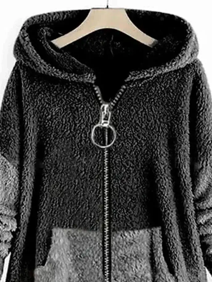 Stylish Plus Size Teddy Hooded Winter Coat with Button Pocket in Green and Black Sizes L-4XL