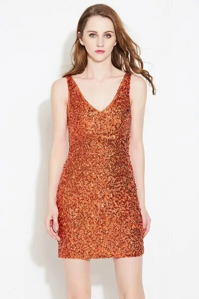 Summer Sequin Sexy Deep V-Neck Bodycon Stretchy Mini Sleeveless Glitter Nightout Club Dress