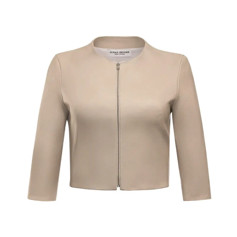 Susan Bender Cropped Stretch Leather Cardigan in Sand