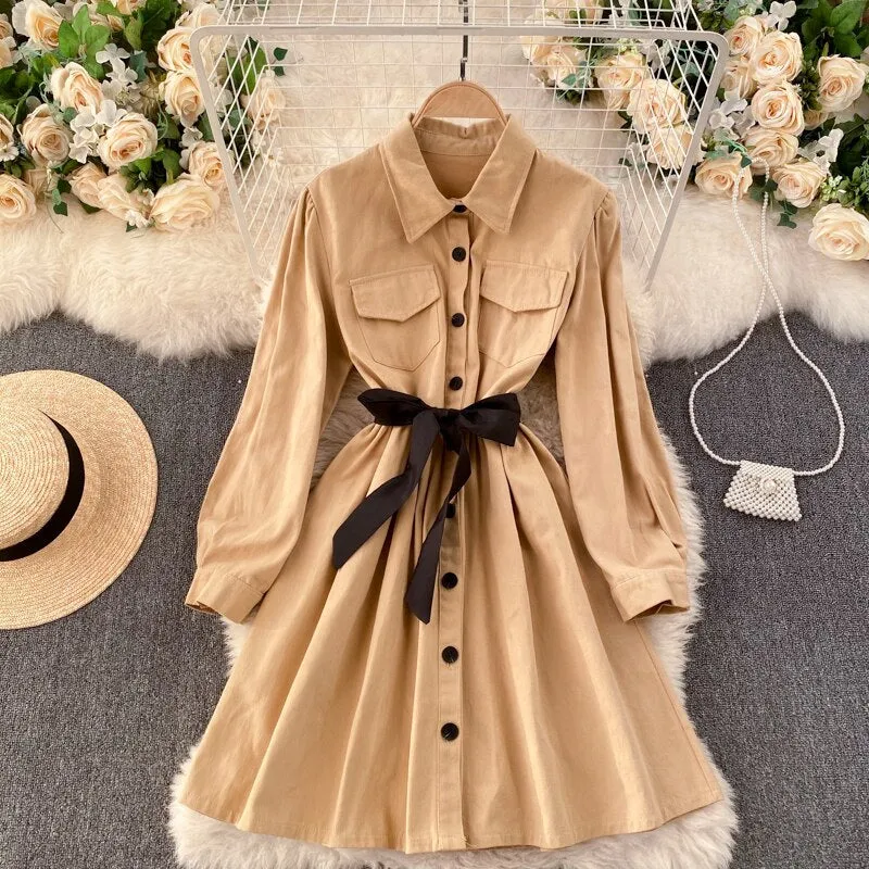 Turn Down Collar Pocket Button Shirt Dress With Belt Long Sleeve Casual Mini Dress