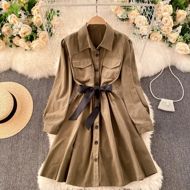 Turn Down Collar Pocket Button Shirt Dress With Belt Long Sleeve Casual Mini Dress