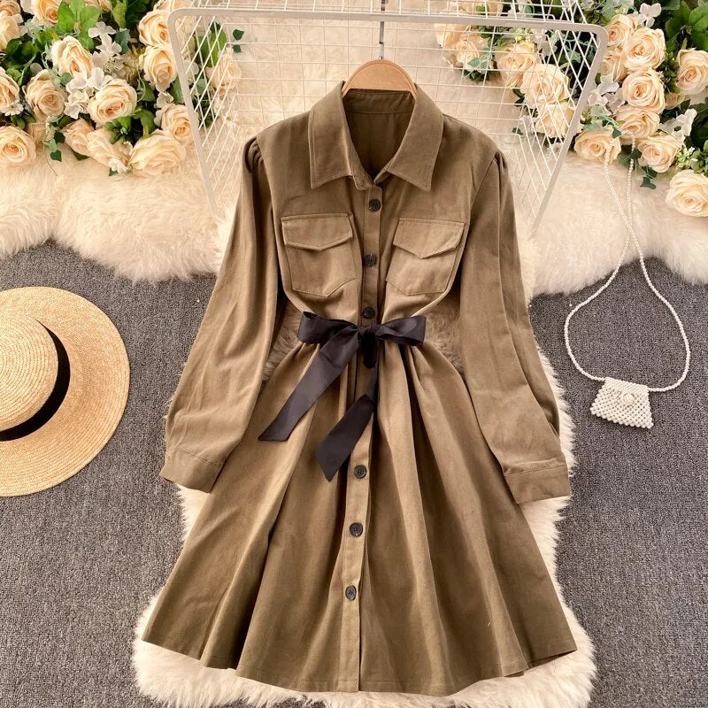 Turn Down Collar Pocket Button Shirt Dress With Belt Long Sleeve Casual Mini Dress