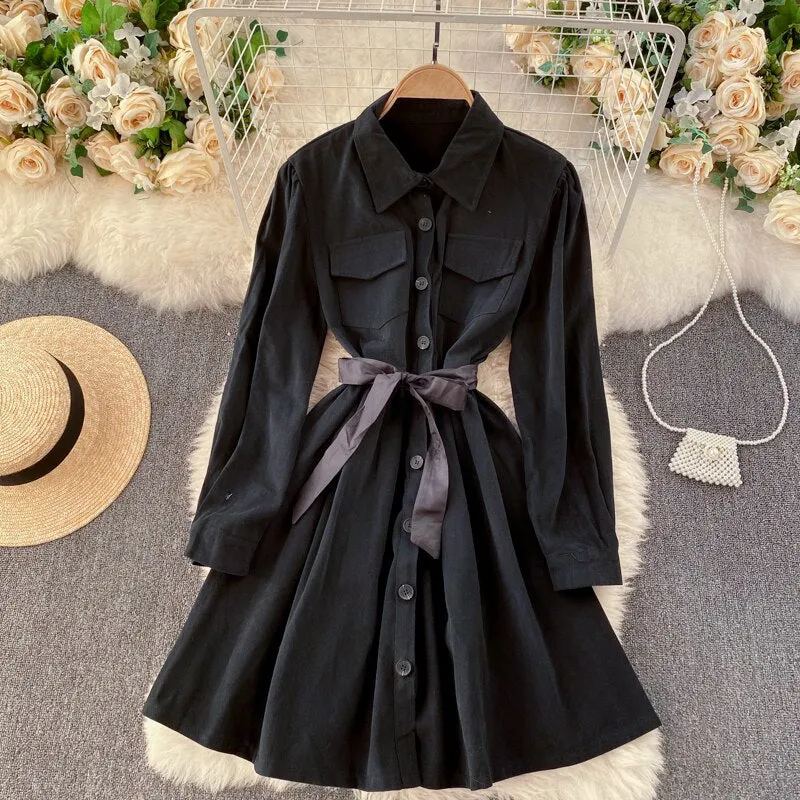 Turn Down Collar Pocket Button Shirt Dress With Belt Long Sleeve Casual Mini Dress