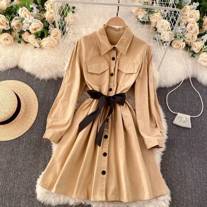 Turn Down Collar Pocket Button Shirt Dress With Belt Long Sleeve Casual Mini Dress