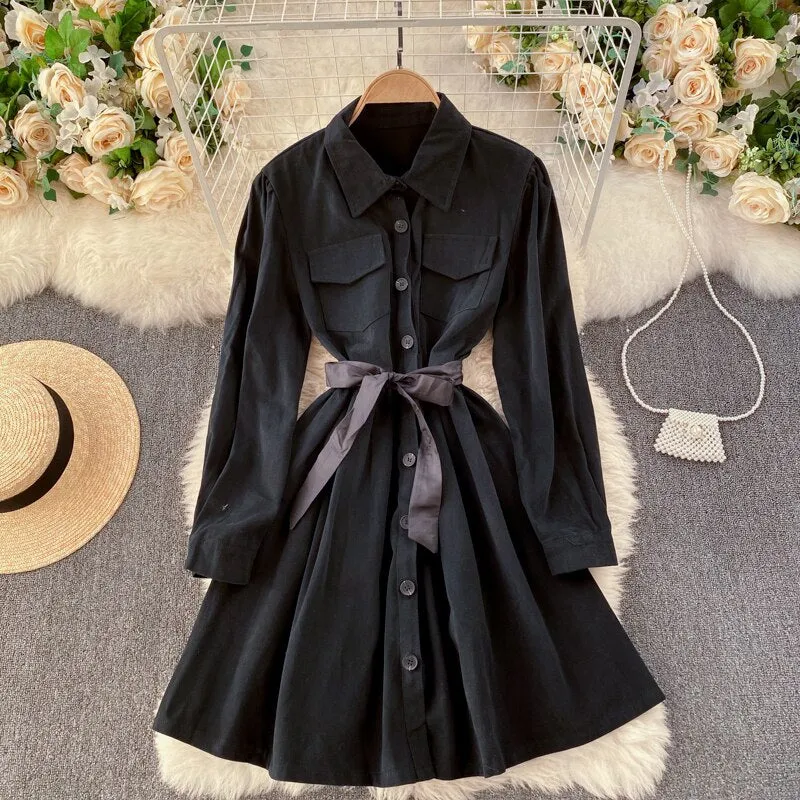 Turn Down Collar Pocket Button Shirt Dress With Belt Long Sleeve Casual Mini Dress