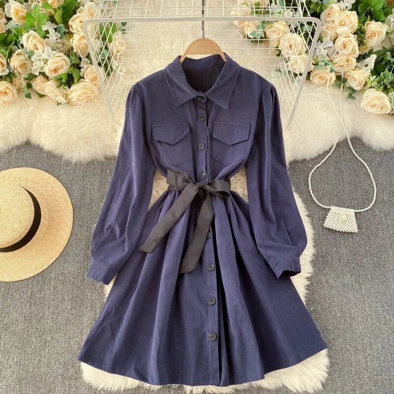 Turn Down Collar Pocket Button Shirt Dress With Belt Long Sleeve Casual Mini Dress