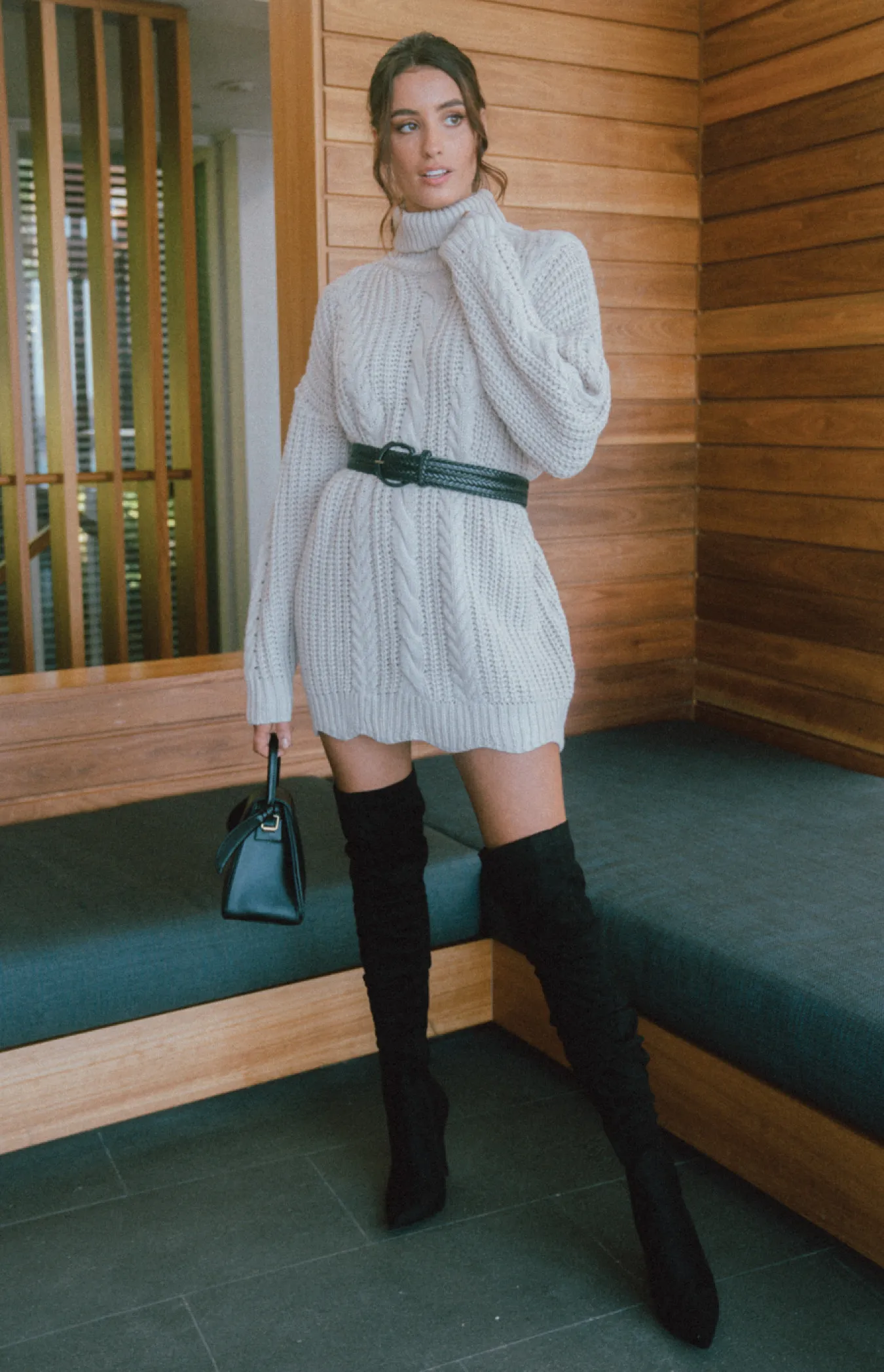 Turtleneck Chunky Cable Knit Dress (AKN829)