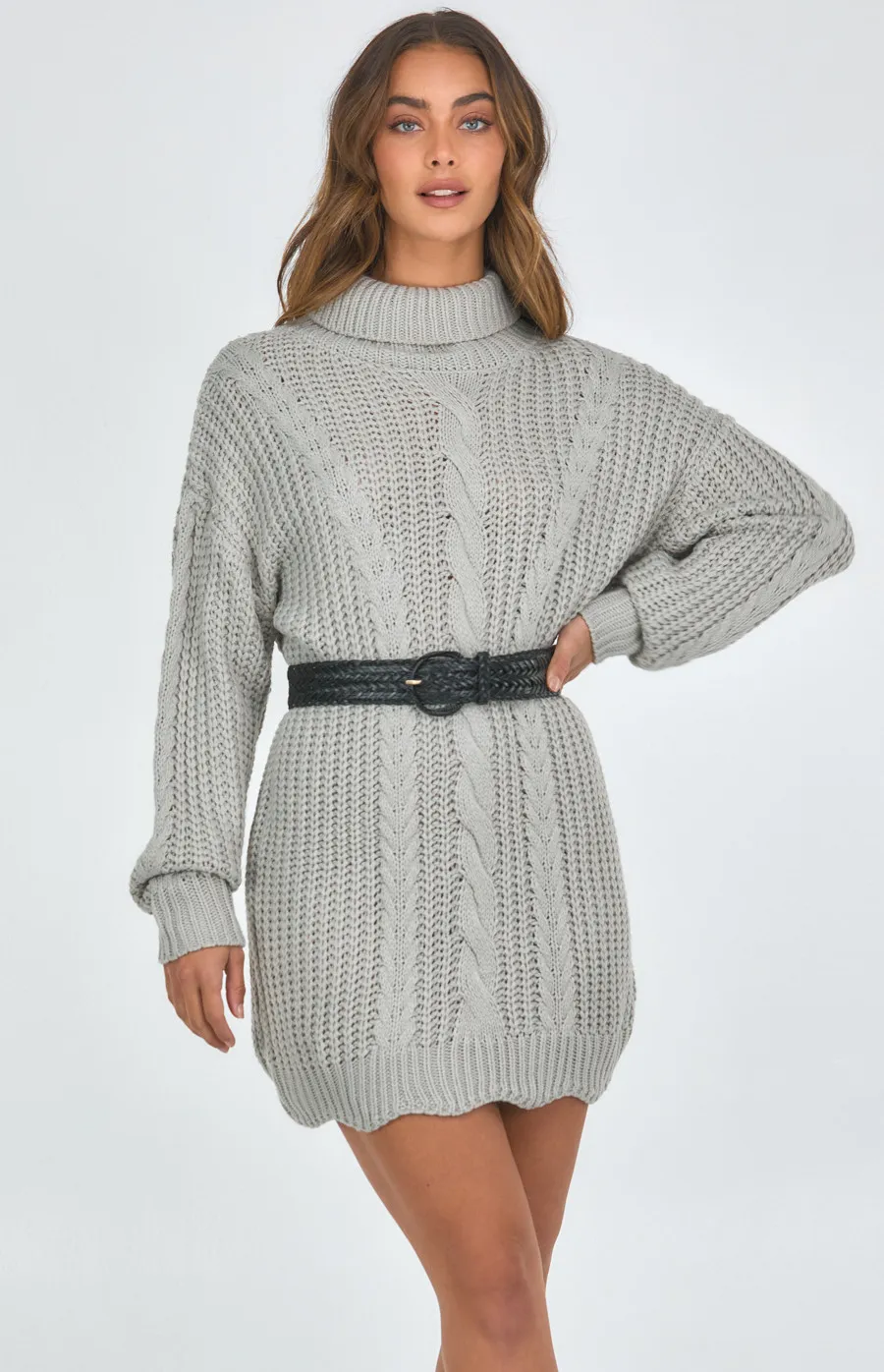 Turtleneck Chunky Cable Knit Dress (AKN829)