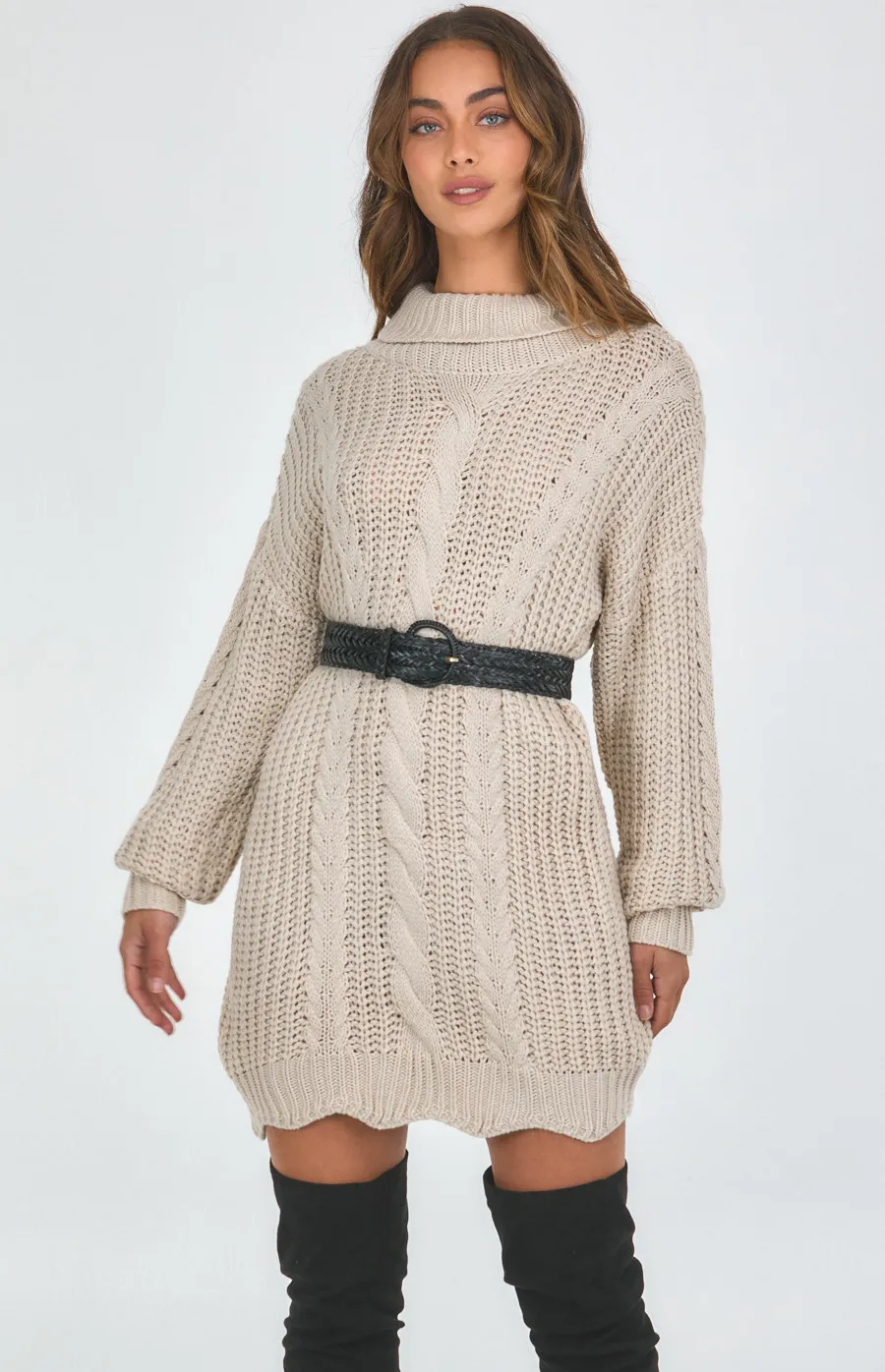 Turtleneck Chunky Cable Knit Dress (AKN829)