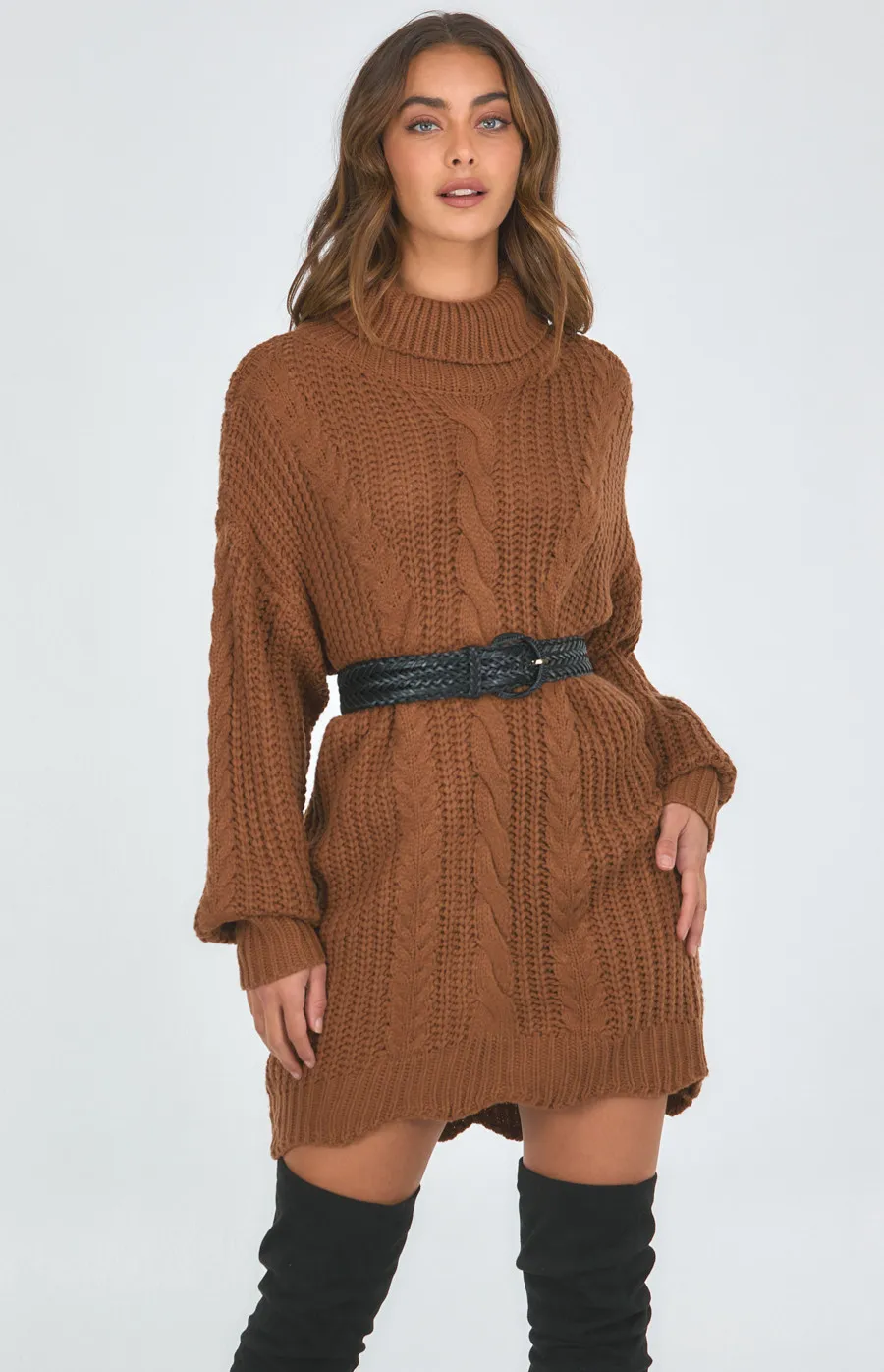 Turtleneck Chunky Cable Knit Dress (AKN829)