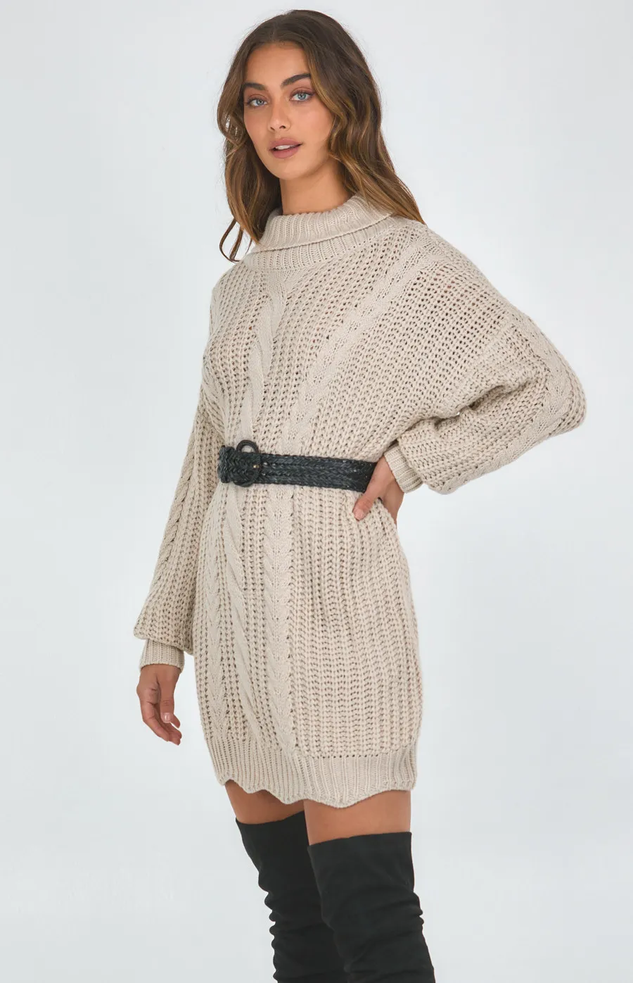 Turtleneck Chunky Cable Knit Dress (AKN829)