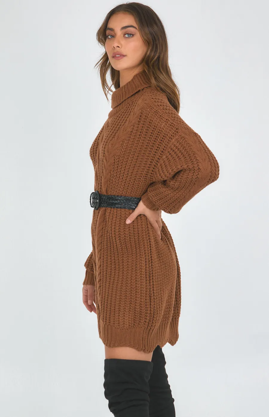 Turtleneck Chunky Cable Knit Dress (AKN829)