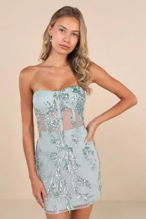 Unreal Date Sage Green Sequin Embroidered Strapless Mini Dress