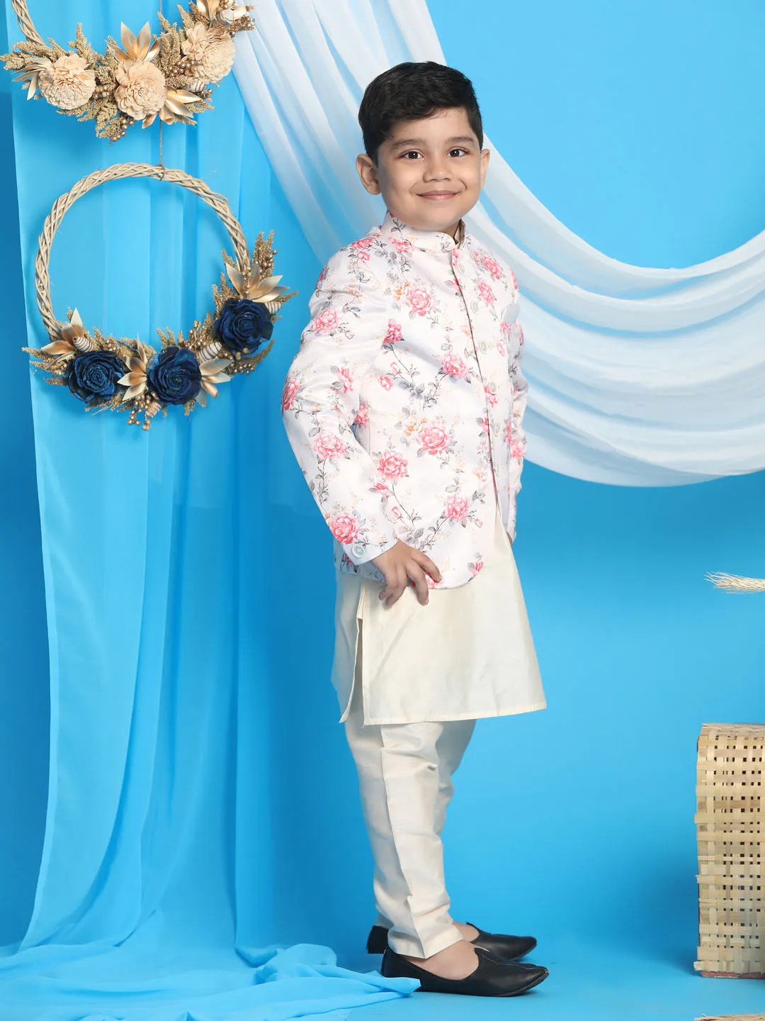 VASTRAMAY Floral Printed Peach Bandhgala Prince Coat Jodhpuri With Cream Kurta Pyjama Set