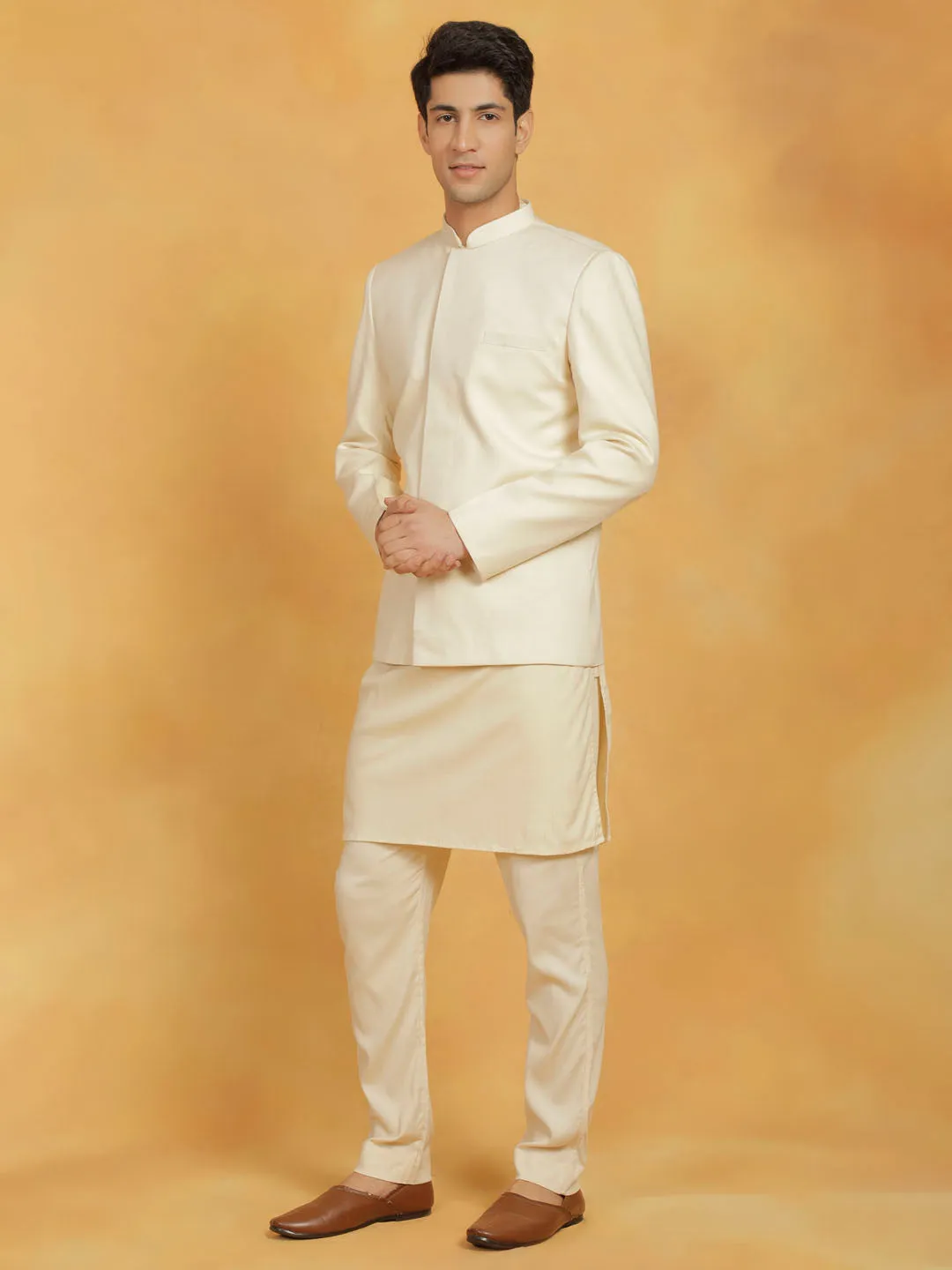 VASTRAMAY Men's Cream Linen Cotton jodhpuri, Kurta and Pyjama Set