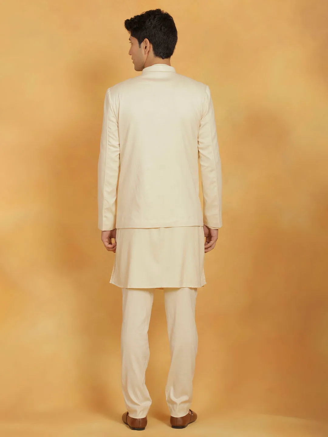 VASTRAMAY Men's Cream Linen Cotton jodhpuri, Kurta and Pyjama Set