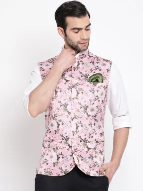 VASTRAMAY Men's Pink Digital Floral Printed Royal Nehru Jacket