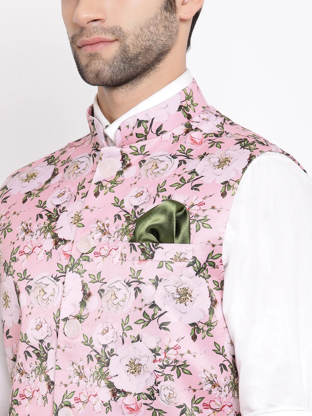 VASTRAMAY Men's Pink Digital Floral Printed Royal Nehru Jacket