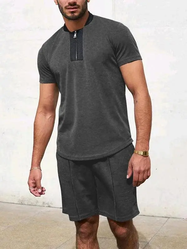 Waffle V-Neck Zipper T-Shirt Men Clothing Set