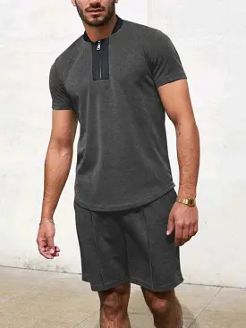 Waffle V-Neck Zipper T-Shirt Men Clothing Set