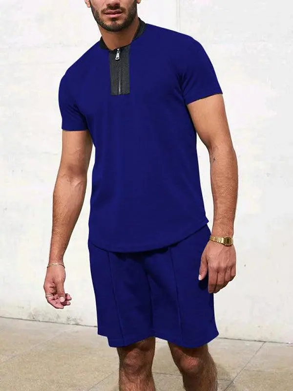 Waffle V-Neck Zipper T-Shirt Men Clothing Set