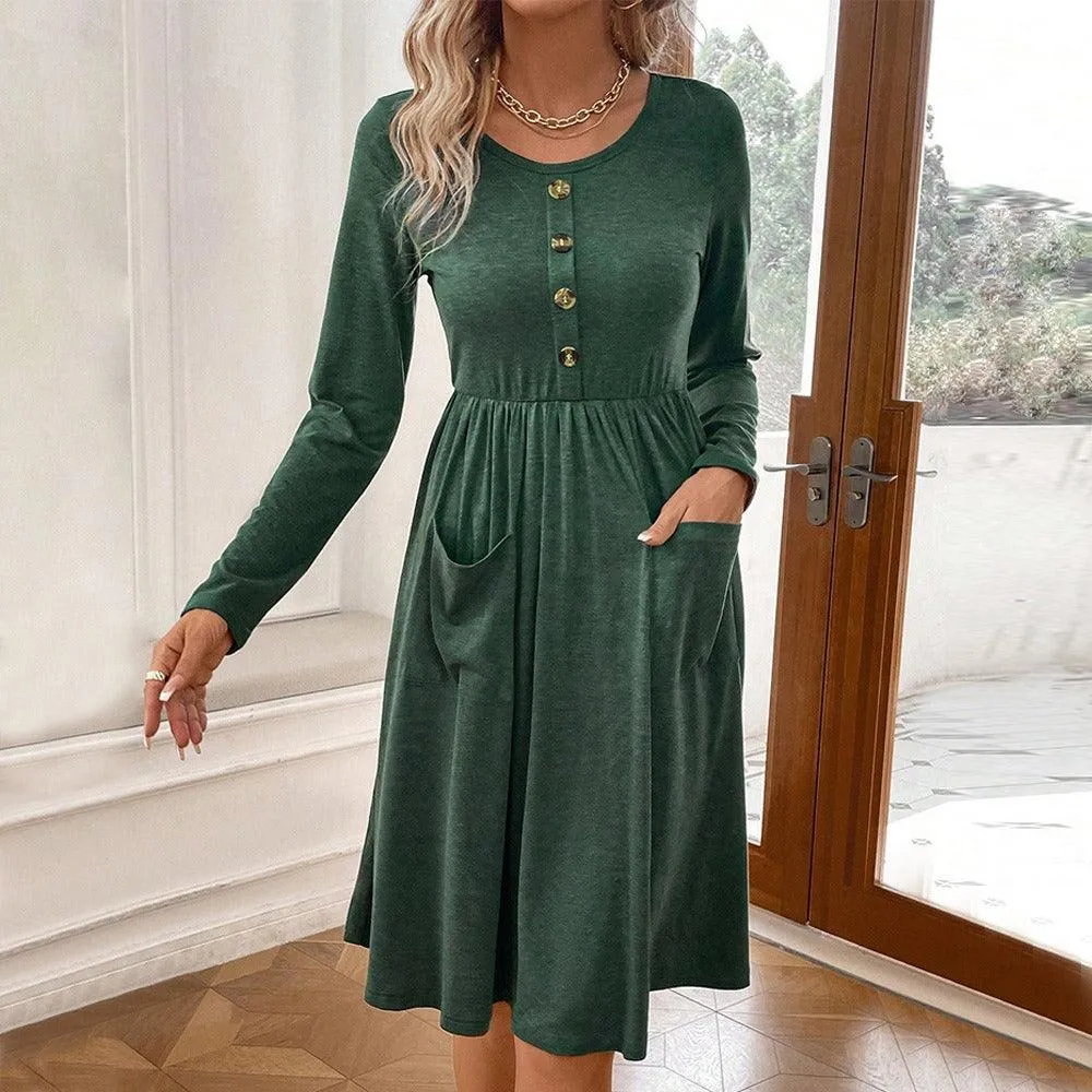 Waist collection round neck A-line skirt button pocket knitted long sleeved dress