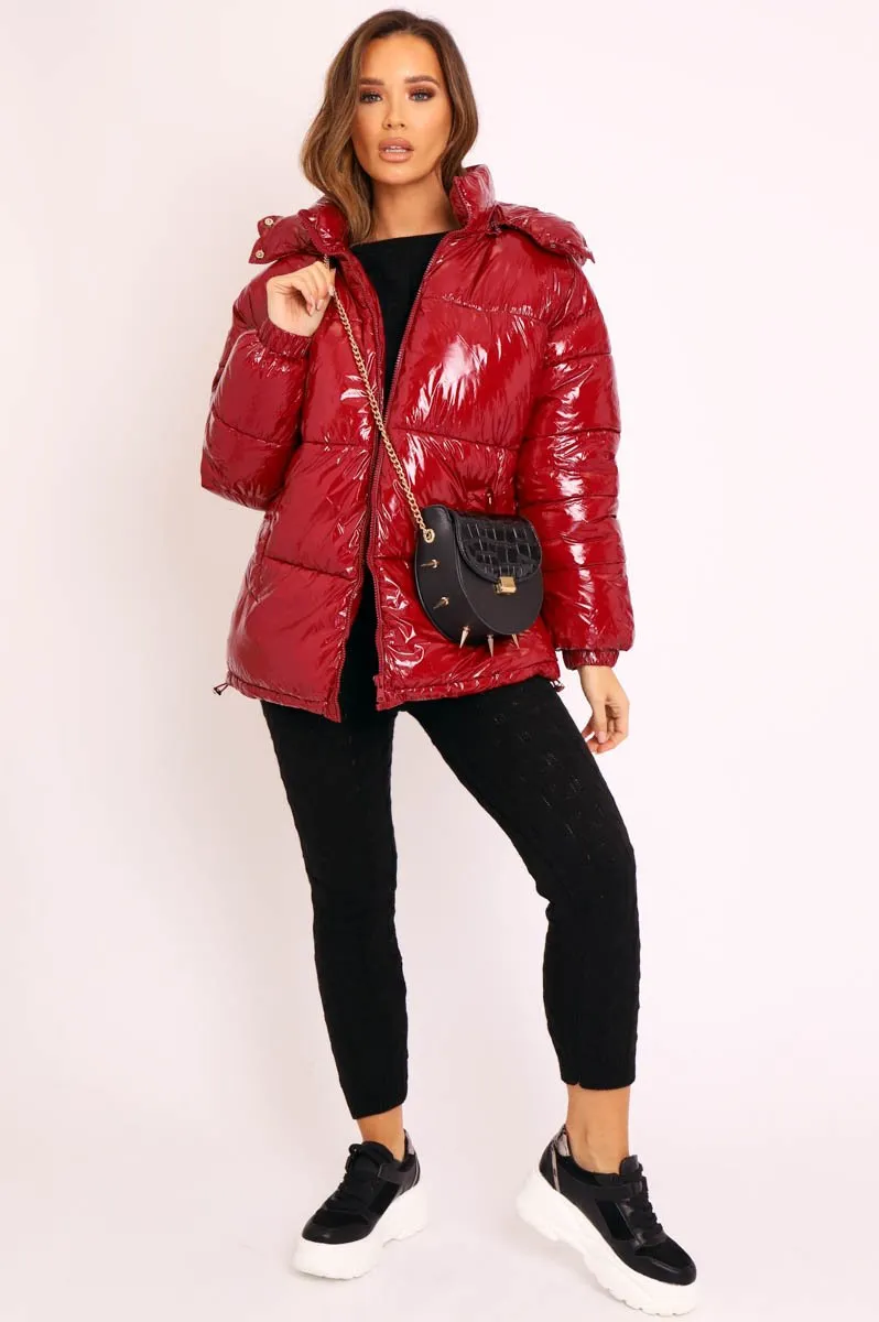 Wine Shiny Wet Look Chunky Hooded Puffer Coat - Syra